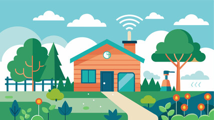 A smart irrigation system keeps the garden around the cabin lush and thriving while minimizing water usage through realtime weather updates.. Vector illustration