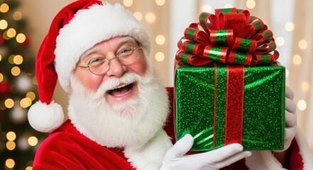 Happy Santa Claus holds a green Christmas present, smiling widely