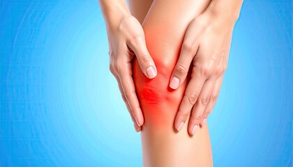 Woman with painful red swollen knee, knee pain, medical image, health issue, joint inflammation.