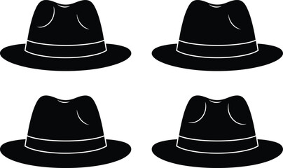Fedora hat silhouette, classic fashion accessory, vintage style illustration, black vector design, gentleman headwear icon, retro clothing symbol, elegant wardrobe art