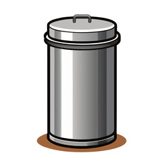 Metallic silver trash can with lid and handle on brown base.