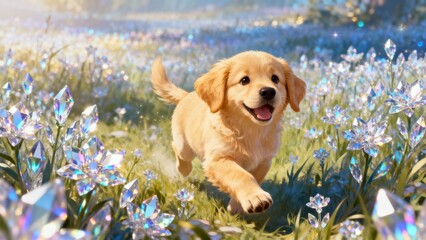 A Golden Puppy in a Meadow of Crystals