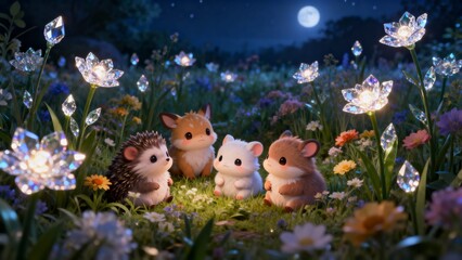 Adorable Animals in a Field of Gemstone Flowers
