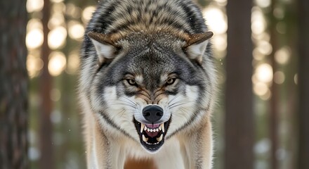 Obraz premium A fierce wolf, displaying a menacing stance, confronts the viewer in a wintry forest setting.