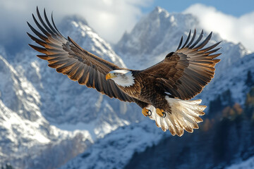 Obraz premium Bald eagle soaring with snowy mountains.