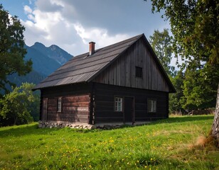 Obraz premium Rustic wooden chalet nestled in a valley
