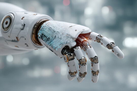 Biotech robotic arm assembling glowing holographic circuit in futuristic lab