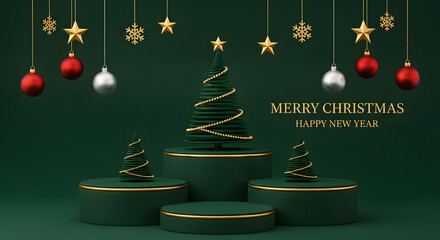 A 3D Render Christmas Display Podium with Modern Trees and Ornaments