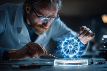 Scientist examining glowing holographic virus in futuristic high-tech laboratory