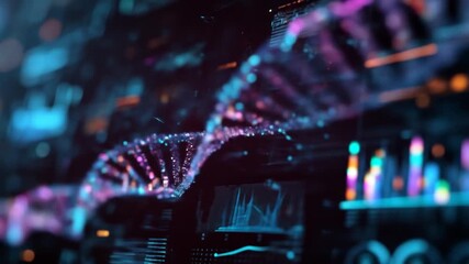 A dynamic visualization of a DNA strand, set against a backdrop of complex data displays. - Powered by Adobe