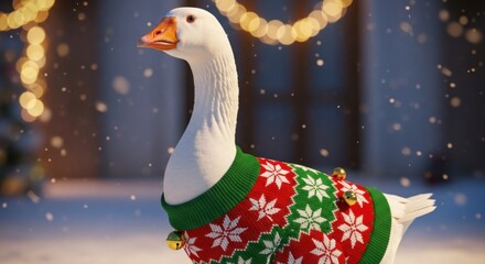 Festive White Goose Wearing a Red and Green Christmas Sweater with Bells in a Snowy Outdoor Scene