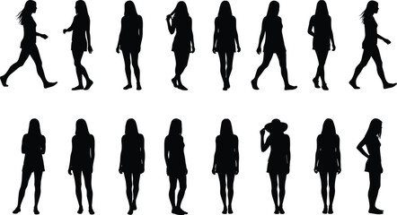 Female silhouette vector, woman walking outline, standing girl shadow, fashion model posture, stylish lady figure, black silhouette design, modern artwork