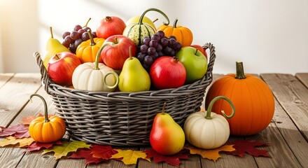 Abundant harvest basket filled with colorful autumn fruits and vegetables on a rustic wooden table, embodying the essence of fall, Thanksgiving, and seasonal bounty.