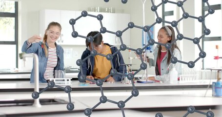 Students doing chemistry test, reaching tube rack and examining solution as 3D overlay emerging - Powered by Adobe