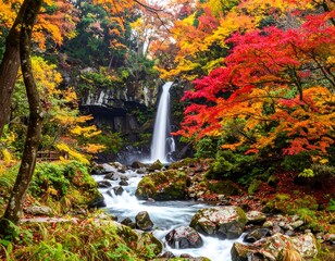 Autumn waterfall in a vibrant forest