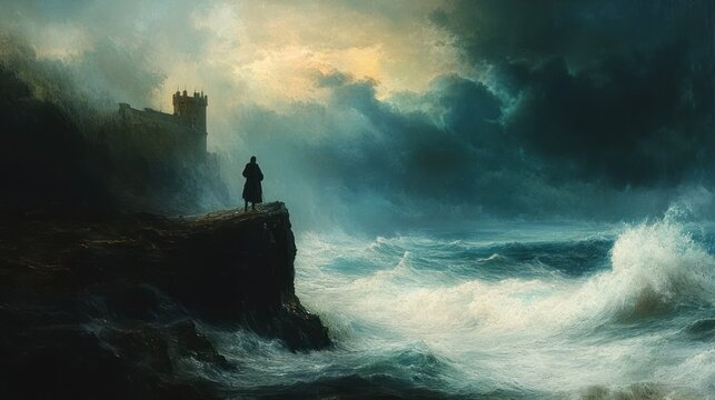 Solitude by the Tempestuous Sea: A Man Contemplates a Stormy Ocean Beside an Ancient Castle