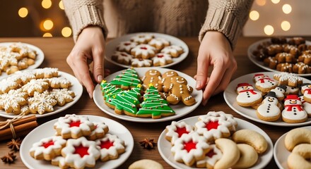 Some Christmas Cookies Gingerbread, Snowflake, Snowman and Tree Iced Biscuits Assortment on Table  
