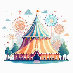 Obraz premium Colorful circus tent with Ferris wheel, fireworks, and happy crowd, perfect for family entertainment, festivals, and summer fun, evoking joy and excitement