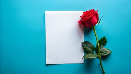 Fototapeta premium Single red rose with blank paper on a vibrant blue background