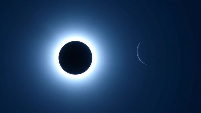 Total solar eclipse revealing the sun's corona in the dark sky with a faint crescent moon visible nearby, creating a celestial spectacle of wonder and awe.