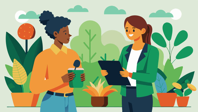 A journalist interviews the gardens curator for a feature article learning about the plants and their significance in different cultures.. Vector illustration