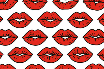 Red Lipstick Kiss Marks Pattern on Transparent Background for Fashion or Art Design