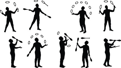 Silhouette of jugglers performing with rings and clubs, creative circus entertainment, talent performance, skill activity, juggling art, vector illustration