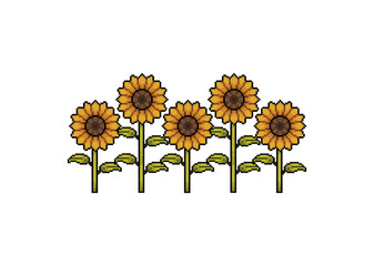 A simple illustration of five blooming sunflowers in a row, with bright yellow petals and green stems, symbolizing growth and positivity.