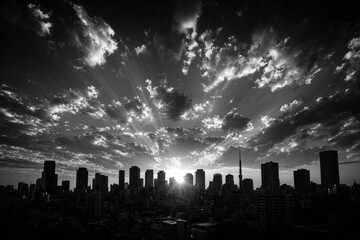 Minimal black and white city skyline silhouette at sunset