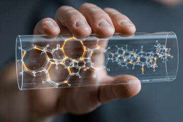 Transparent holographic interface showing detailed molecular structures in futuristic setting
