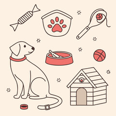 &ldquo;Minimal outline pet icons &mdash; dog, cat, paw print, food bowl, leash, fish, bird, pet house, grooming, vet care &mdash; thin stroke vector, cute style.&rdquo;