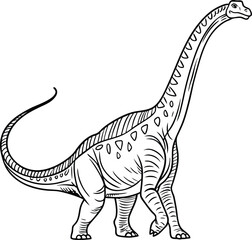 Elegant line art of a slow walking diplodocus dinosaur in black and white