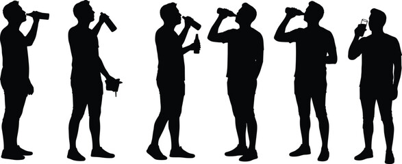 Man drinking silhouette, holding bottle, beverage consumption, casual lifestyle, refreshment, standing figure, black vector illustration, healthy hydration concept