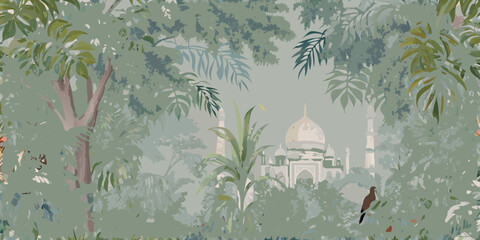 Mughal empire architectural masterpiece taj mahal hidden in a lush jungle with exotic flora and fauna © Ratan