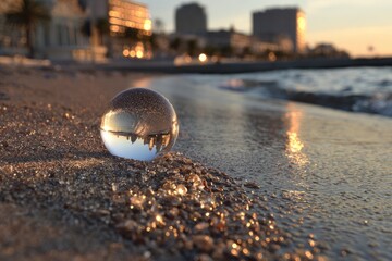 Glass sphere on beach reflects coastal city at sunset; warm light, shallow depth of field
