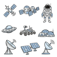 Set of  space tech icons in hand drawn doodle style. Vector illustration with satellite, space station, astronaut, rocket, Mars rover, telescope, moon base, solar panel array, alien signal
