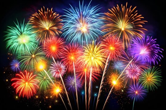 Vibrant and colorful fireworks exploding in the night sky