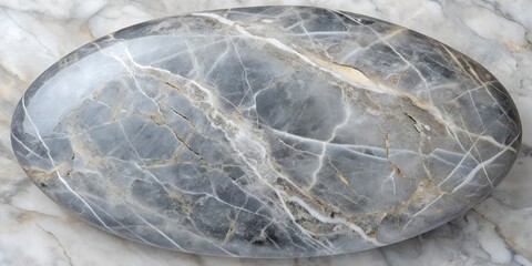 Round polished gemstone with swirling blue and purple veins on a marble background