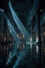 Obraz premium Sunbeams pierce a flooded, classical hall; water reflects the grandeur of columns, arches, and dimly lit fixtures