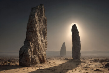 Surreal alien desert with glowing floating monoliths under twin suns