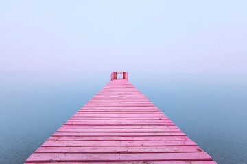 Pink wooden pier extending into a misty, tranquil lake, vanishing point perspective