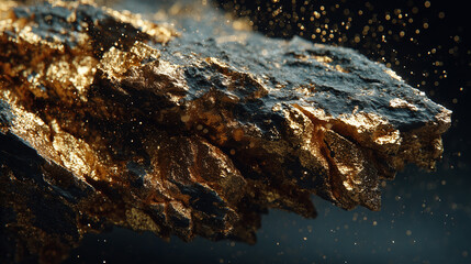 A raw fragment of natural gold ore, jagged crystalline surfaces with glowing metallic luster