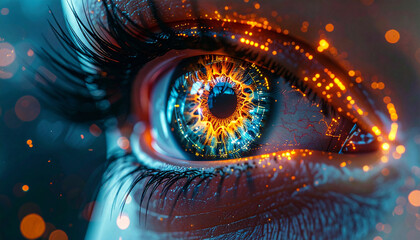 Cybernetic Eye: Close-up of a cybernetic eye, with intricate details of artificial iris and pupil, highlighted with digital effects and data flow.