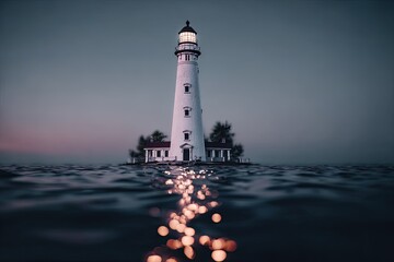 Lighthouse on a tranquil island, bathed in twilight