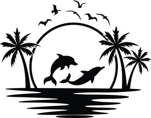 tropical beach scene with palm trees, dolphins jumping out of the water, birds flying overhead, black and white silhouette style
