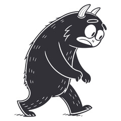 A Sad Horned Cartoon Monster Walking with a Worried Expression