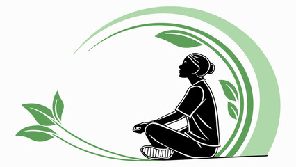 Meditating Woman Silhouette with Green Leafy Circular Design Element
