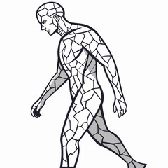 Mosaic Man Walking Pen Sketch Side Profile Cracked Surface Texture
