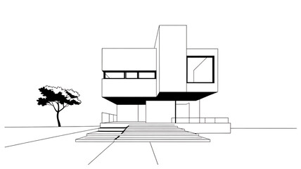 Fototapeta premium Architectural sketch of a modern house with a tree and pathway isolated on transparent background