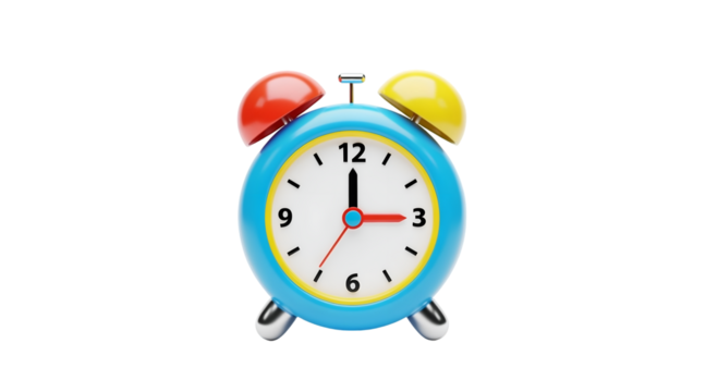 Colorful Retro Alarm Clock with Red and Yellow Bells on Transparent Background